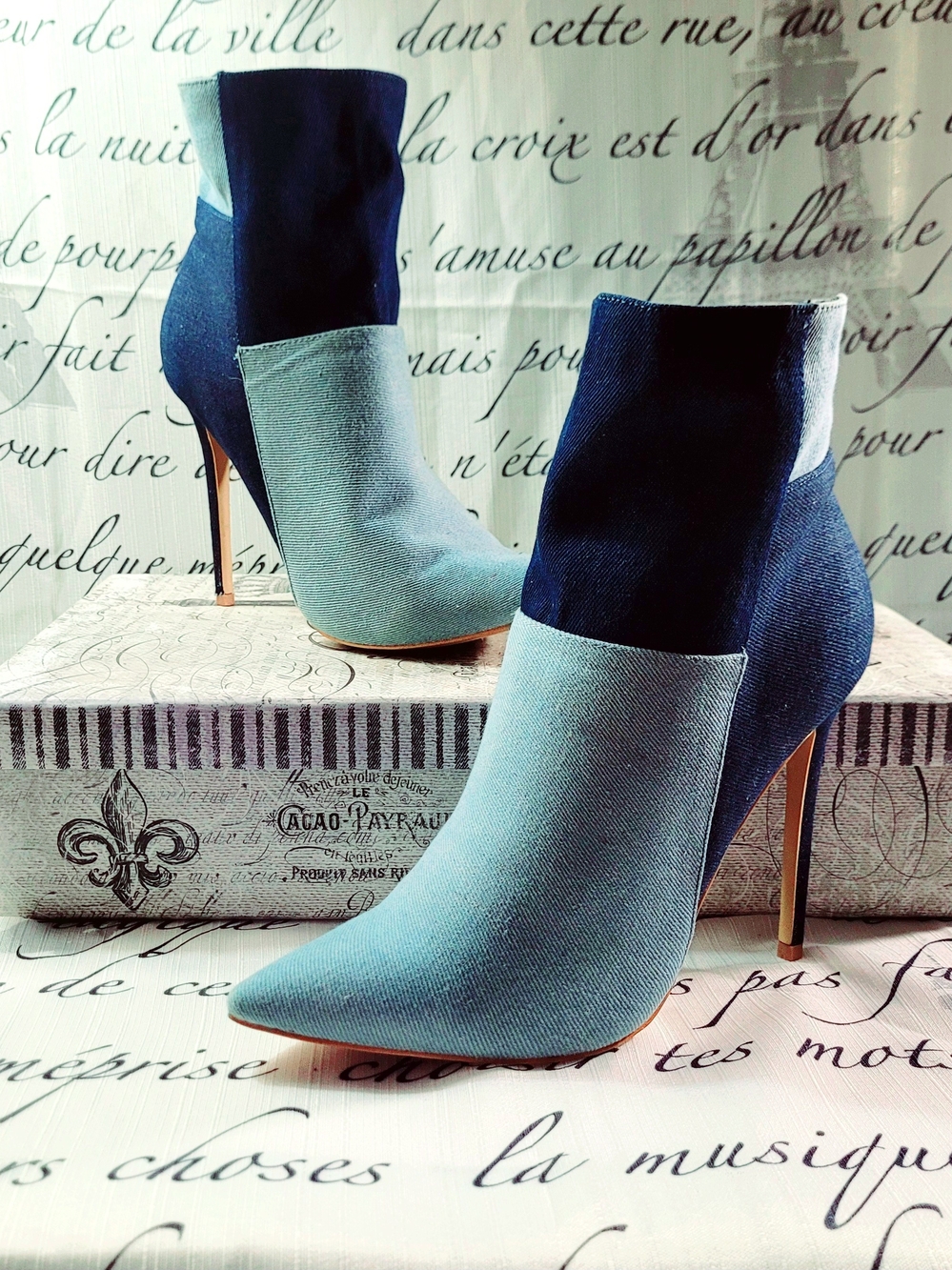 Two-Tone Navy and Light Blue Pointed-Toe Stiletto Ankle Booties - Women's